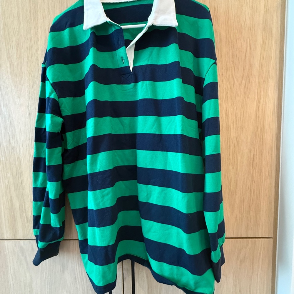Women’s  Green & Navy Striped Rugby Shirt with White Collar
